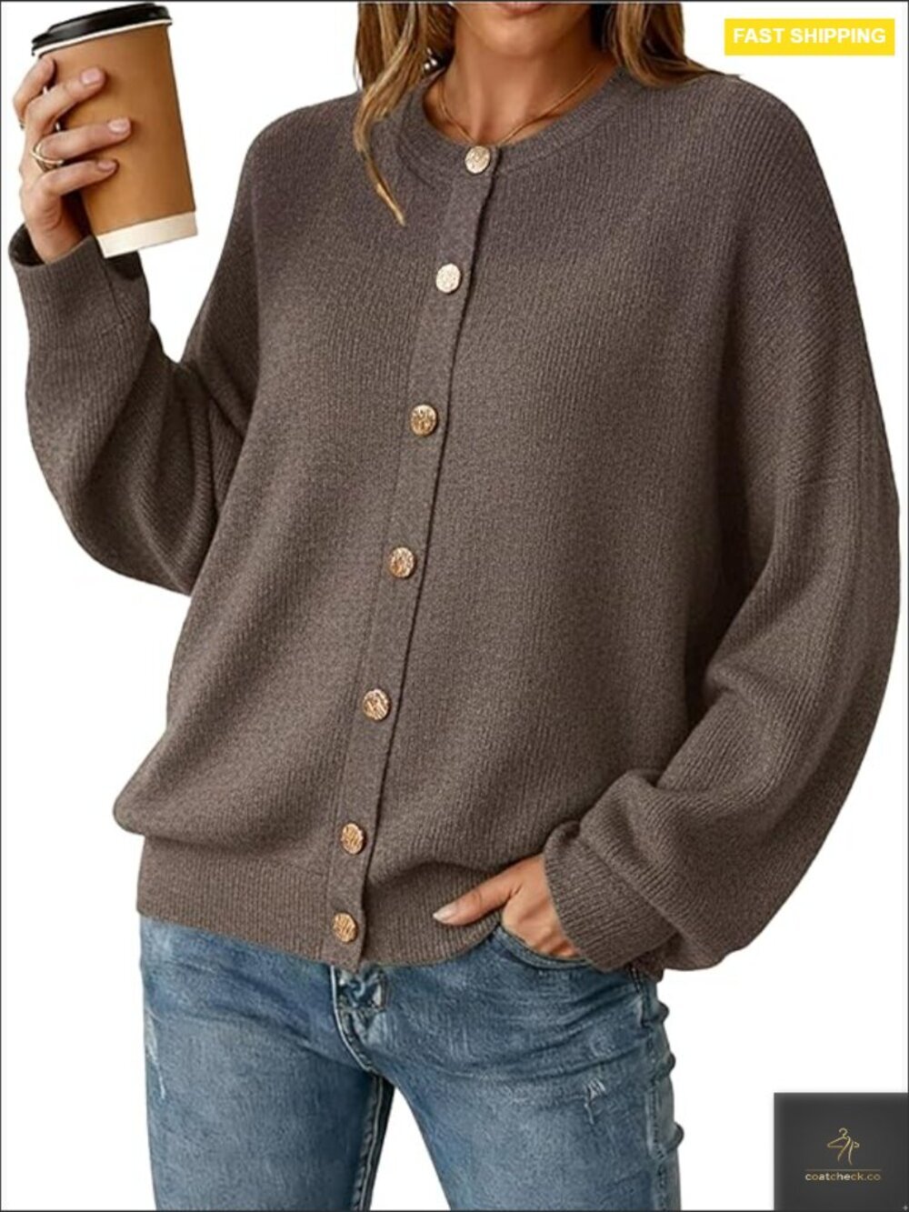 Oversized Wool Blend Cardigan Button Down Crewneck Long Sleeve Soft Cozy